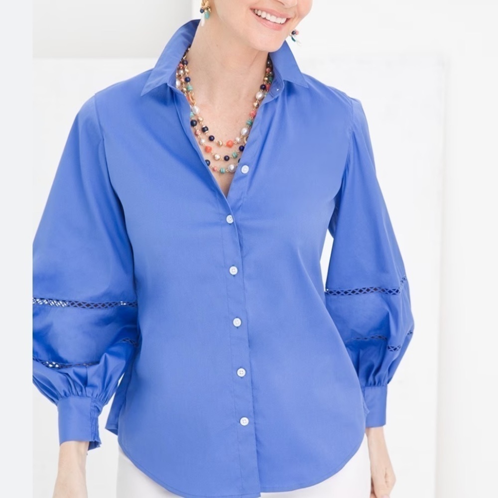 Chico’s Blue Poplin Billow Sleeve Button Down Blouse Size 4 Petite